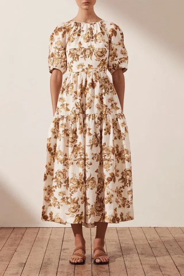 Shona Joy Bella Linen Short Sleeve Midi Dress Floral Size 8 / S - Image 1