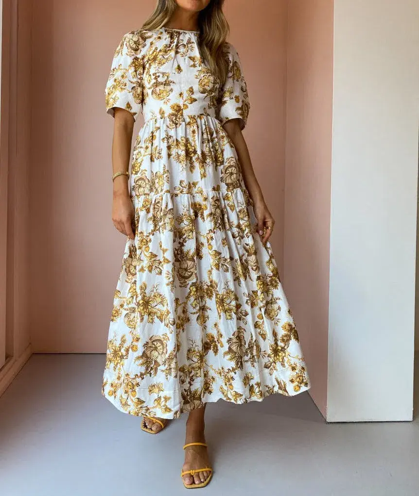 Shona Joy Bella Linen Short Sleeve Midi Dress Floral Size 8 / S for rent on The Volte - main image
