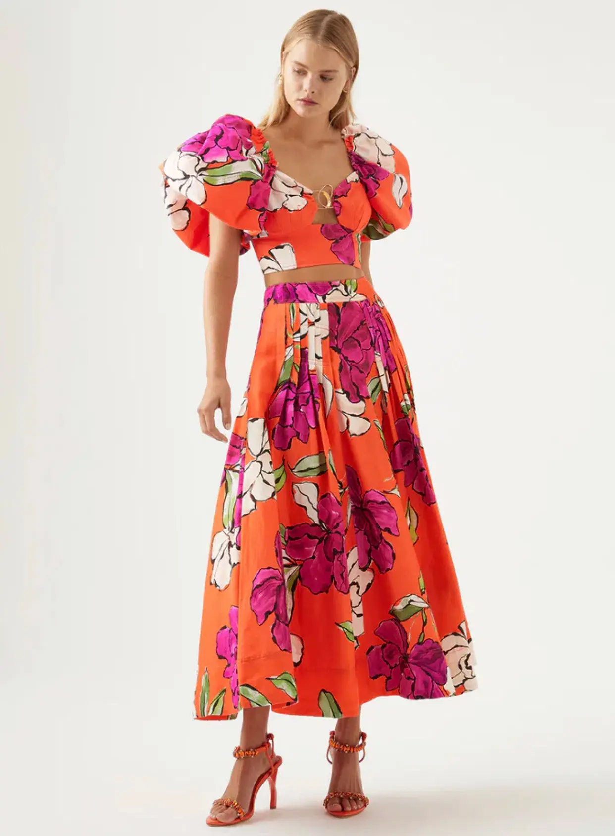 Aje Marcel Puff Sleeve Bodice & Lewis Tuck Detail Midi Skirt Set Floral Size 8 / S - Image 1