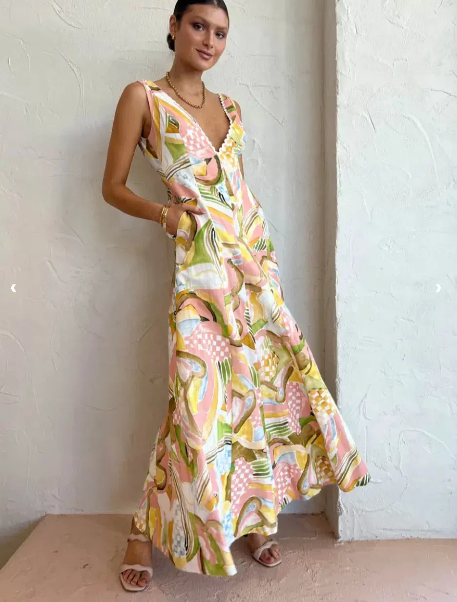 By Nicola Wavy Maxi Dress In Swirl Check Yellow Size AU 12 - Image 4