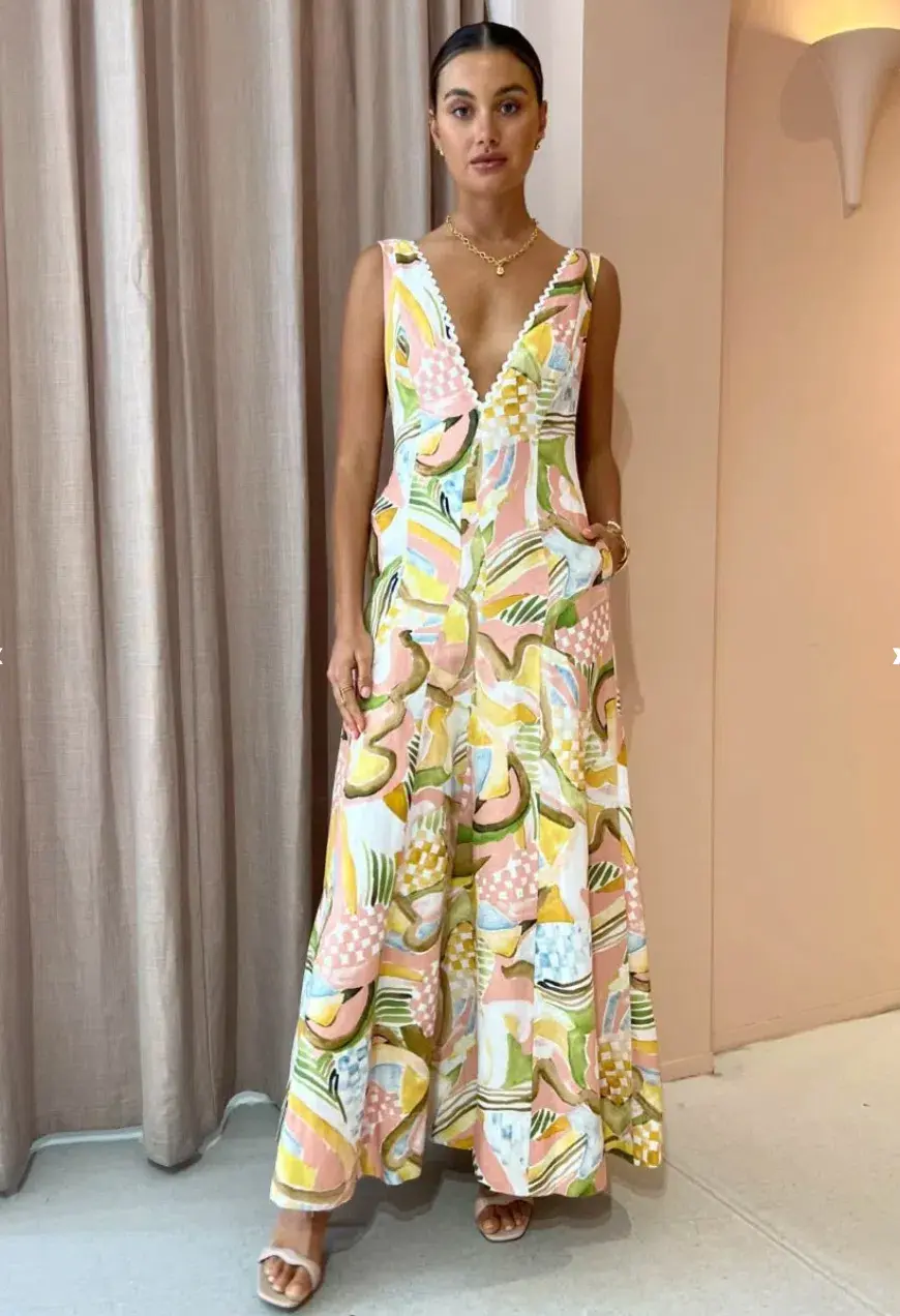 By Nicola Wavy Maxi Dress In Swirl Check Yellow Size AU 12 - Image 1