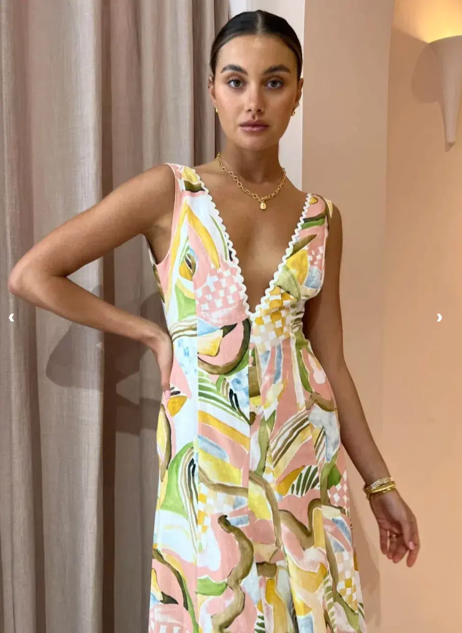 By Nicola Wavy Maxi Dress In Swirl Check Yellow Size AU 12 - Image 2