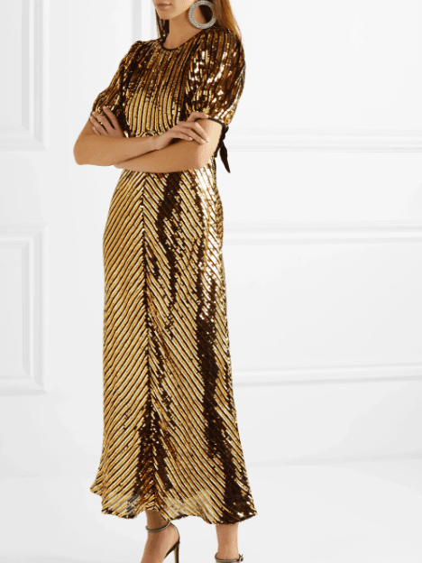 Rixo Daisy velvet trimmed cutout Georgette gold sequin midi dress size 8 for rent on The Volte - main image