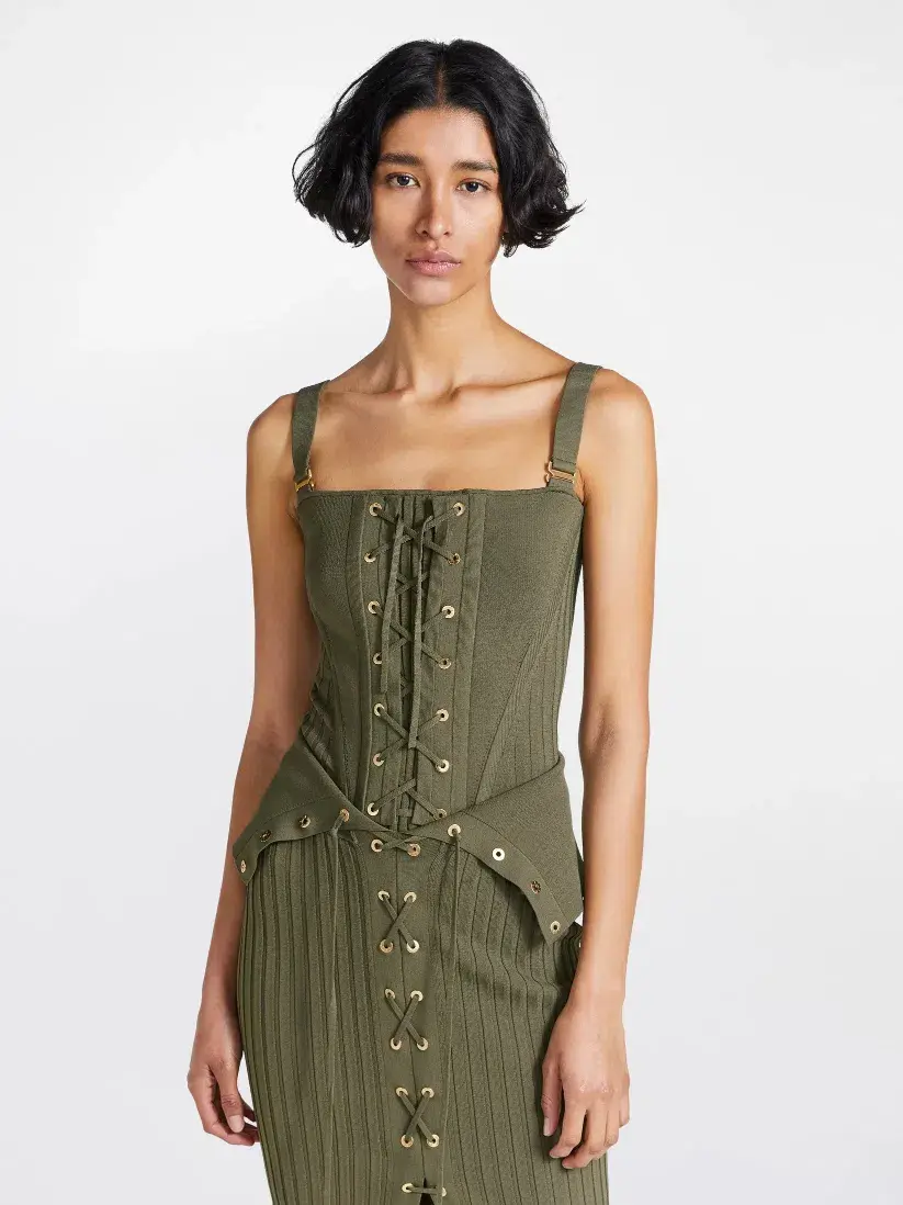 Dion Lee Laced Corset Bodice & Lace Up Eyelet Skirt Set in Moss Size M / Au 10 for rent on The Volte - main image