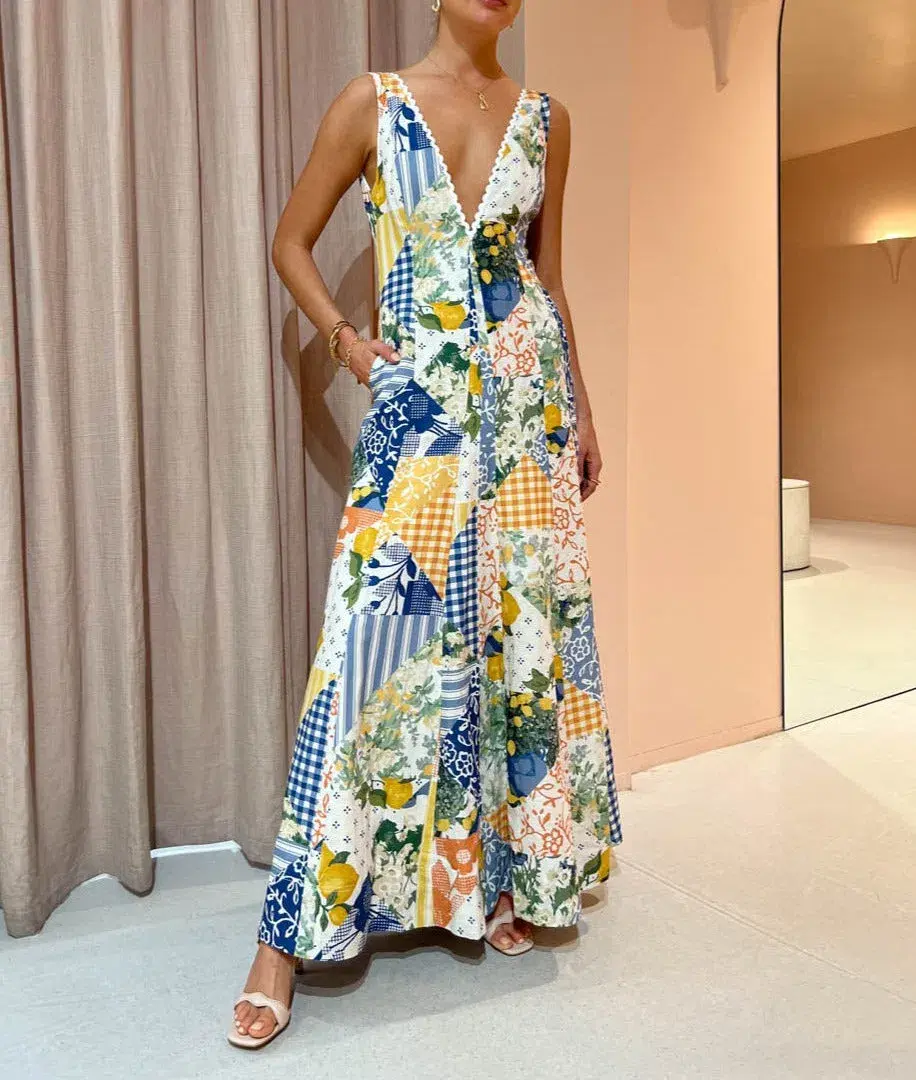 By Nicola Wavy Maxi Dress in Lemon Patchwork Size 10 - Image 1