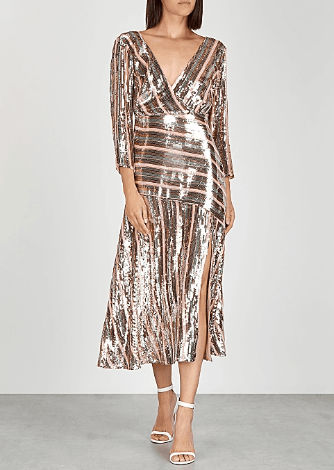 Rixo London Tyra Striped Sequined Crepe Midi Dress Size 8 for rent on The Volte - main image