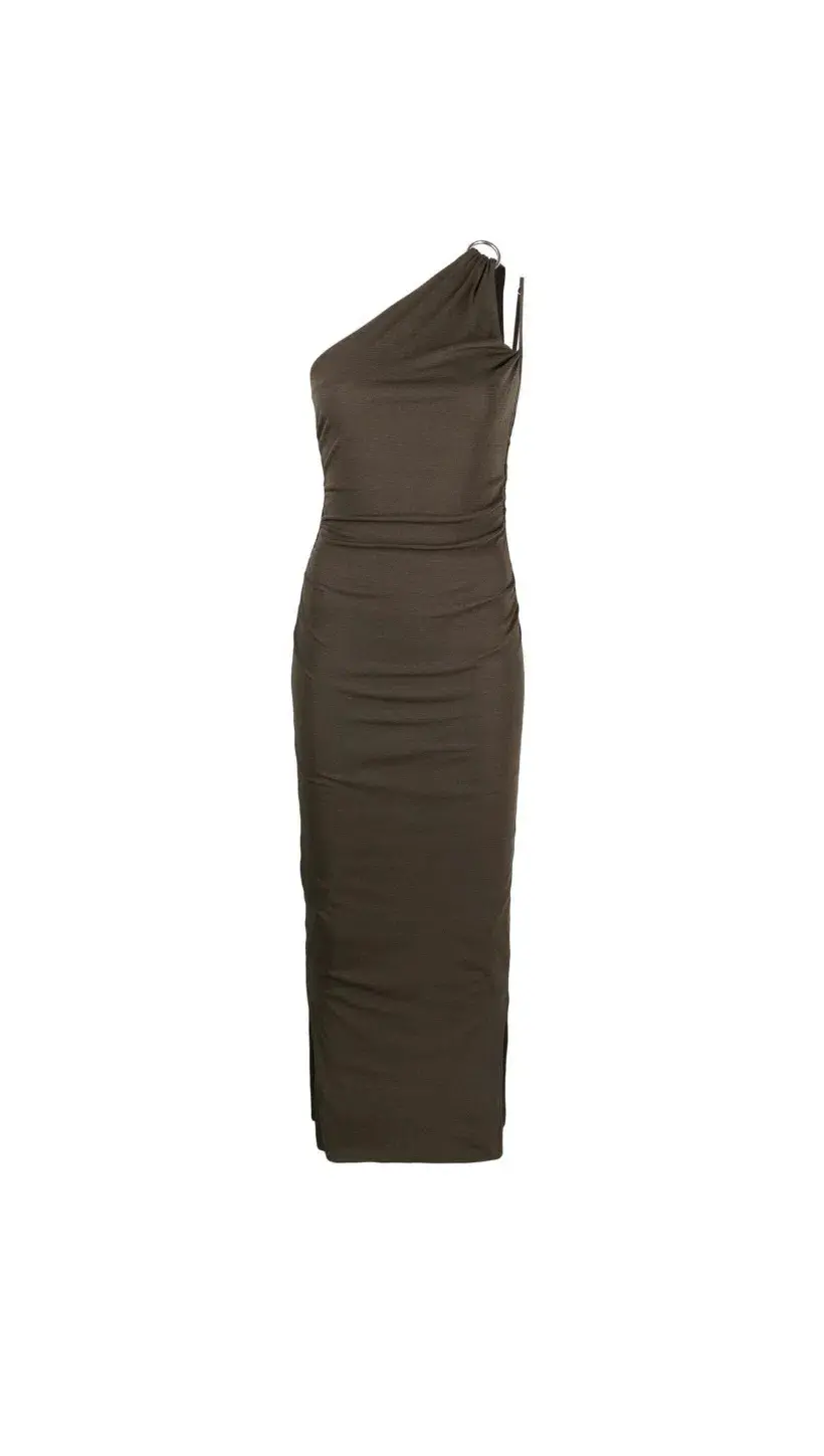 Nanushka Lenna Dress Dark Moss Double Asymmetrical Dress Dark Green Size M/AU 10 for rent on The Volte - main image