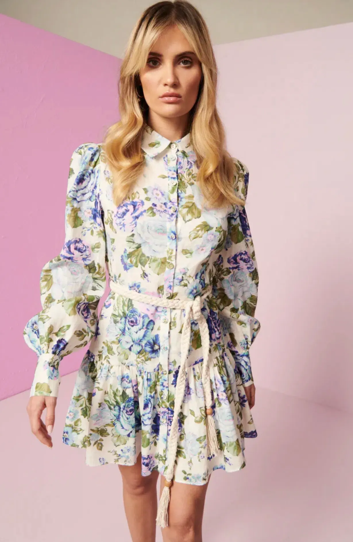Kate Ford Mojave Short Shirt Dress Belt Floral Blue Size 3/Au 12 - Image 2