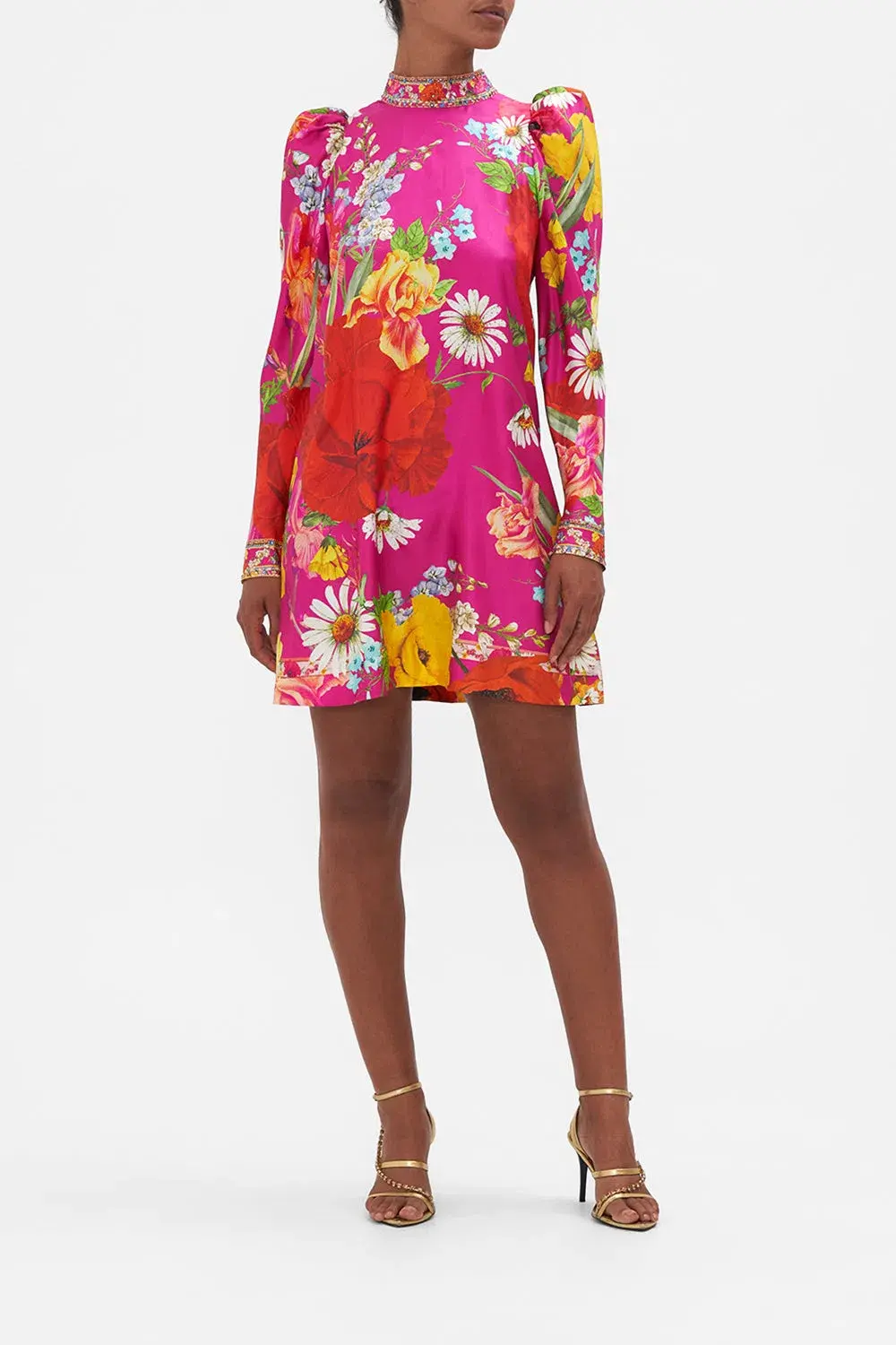 Camilla Puff Sleeve High Neck Mini Dress Floral Size M / Au 10 - Image 1