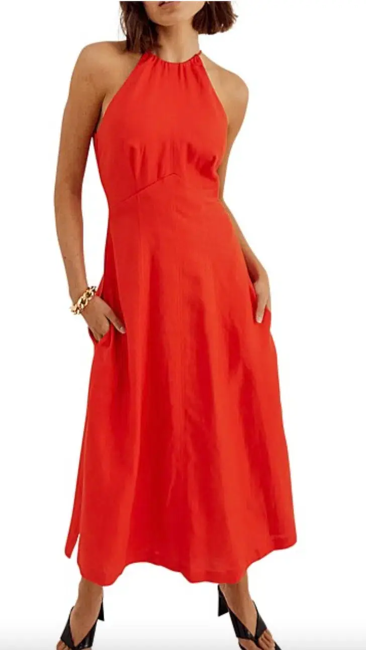 Sovere Relish Washed Linen Halter Midi Dress Solar Red Size 8 - Image 2