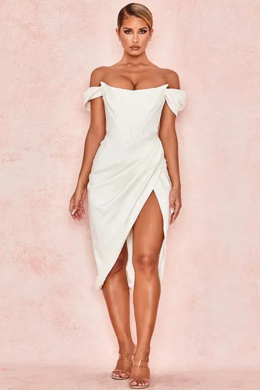 House of CB Loretta Satin Off Shoulder Midi Dress Ivory Size XS / Au 6 - Image 3