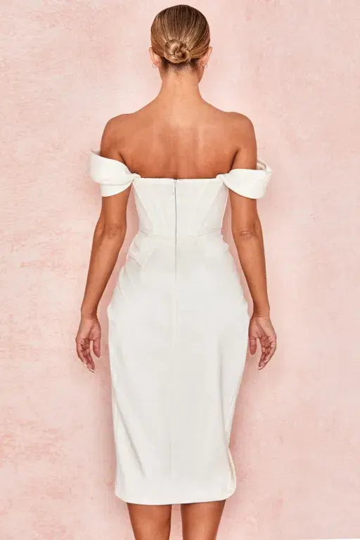 House of CB Loretta Satin Off Shoulder Midi Dress Ivory Size XS / Au 6 - Image 2