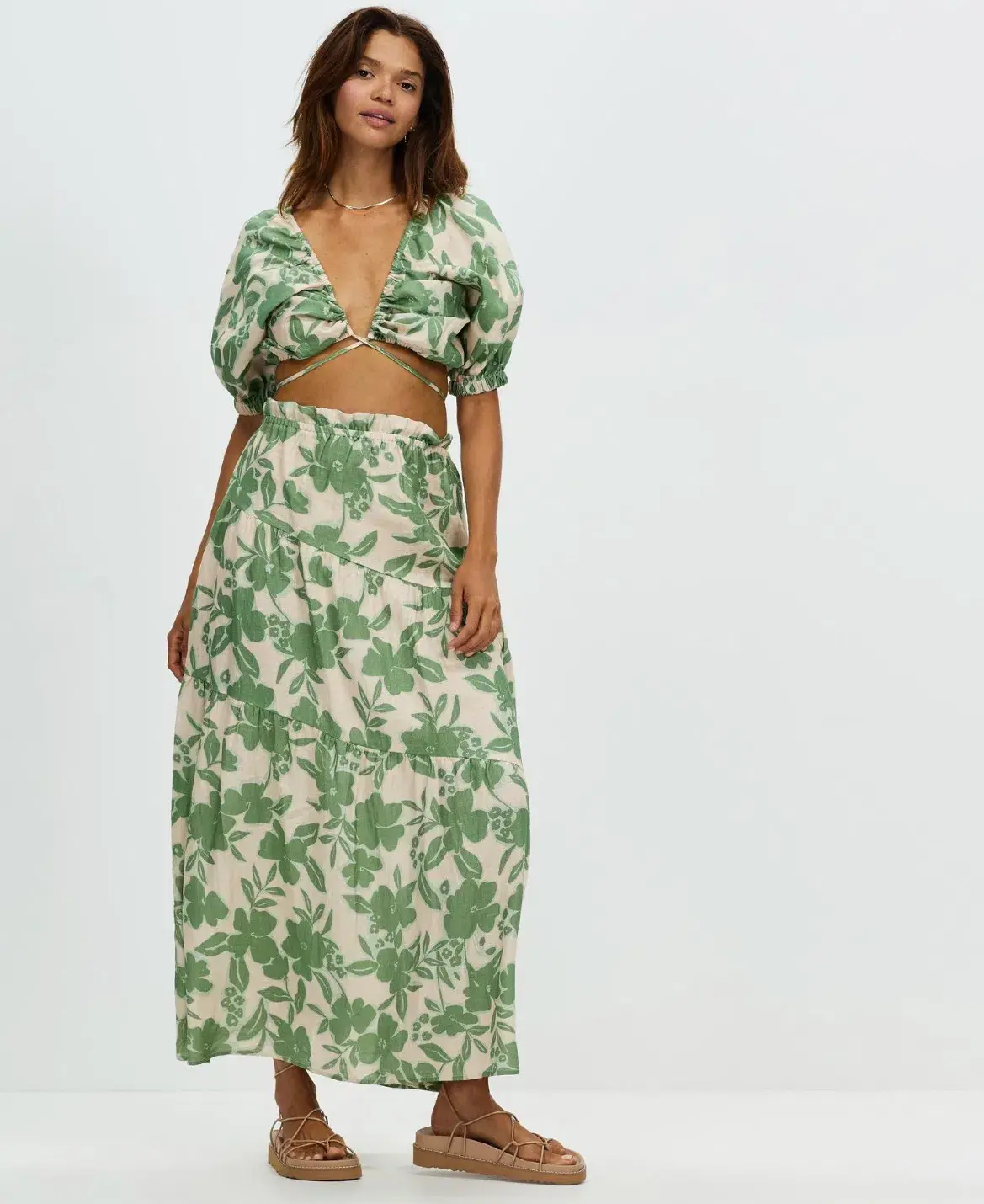 Aere Gathering Detail Linen Top & Maxi Skirt Set Floral Ivy Size 8/10 - Image 1