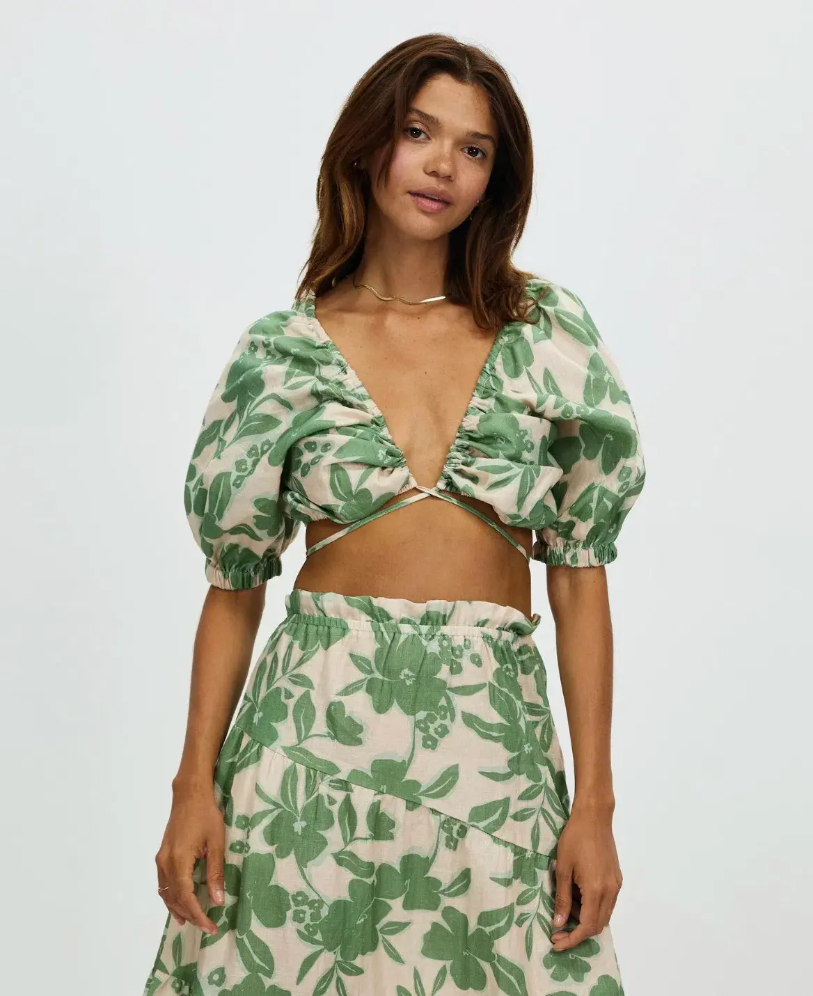 Aere Gathering Detail Linen Top & Maxi Skirt Set Floral Ivy Size 8/10 - Image 2