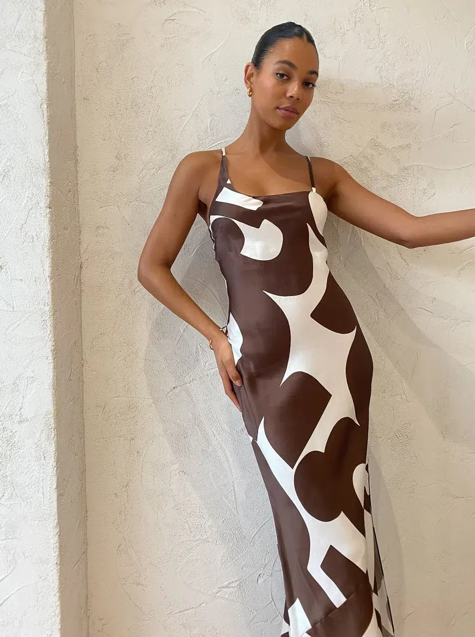 Sir the Label Julien Asymmetric Slip Dress in Abstract Chocolate Size 1 / AU 8 - Image 3