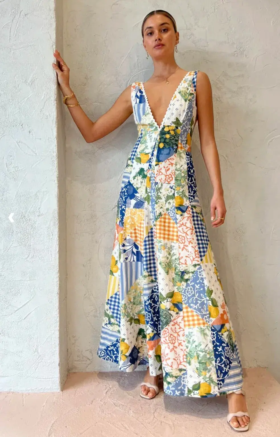 By Nicola Wavy Maxi Dress in Lemon Patchwork Size 8 - Image 1