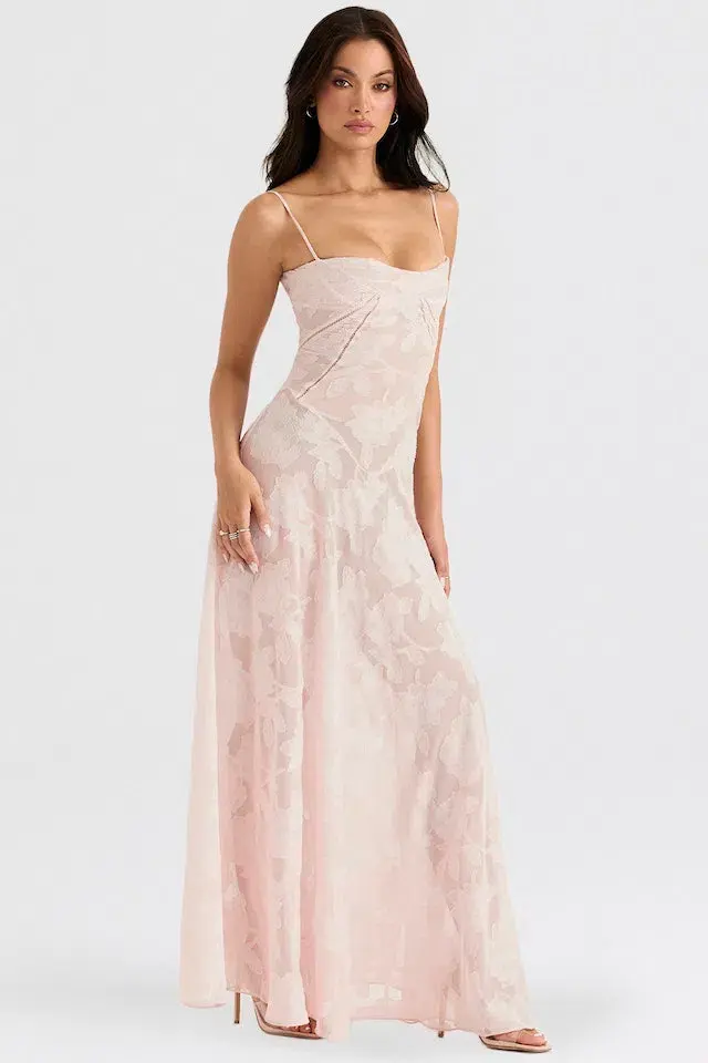House of CB Seren Corset Lace Back Maxi Dress Soft Pink Floral Size Small / Au 8 - Image 2