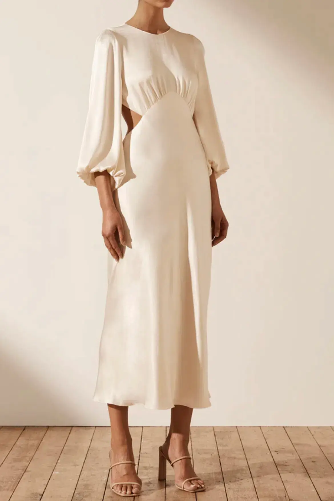 Shona Joy La Lune Open Back Balloon Sleeve Midi Dress in Cream Size 6  - Image 1