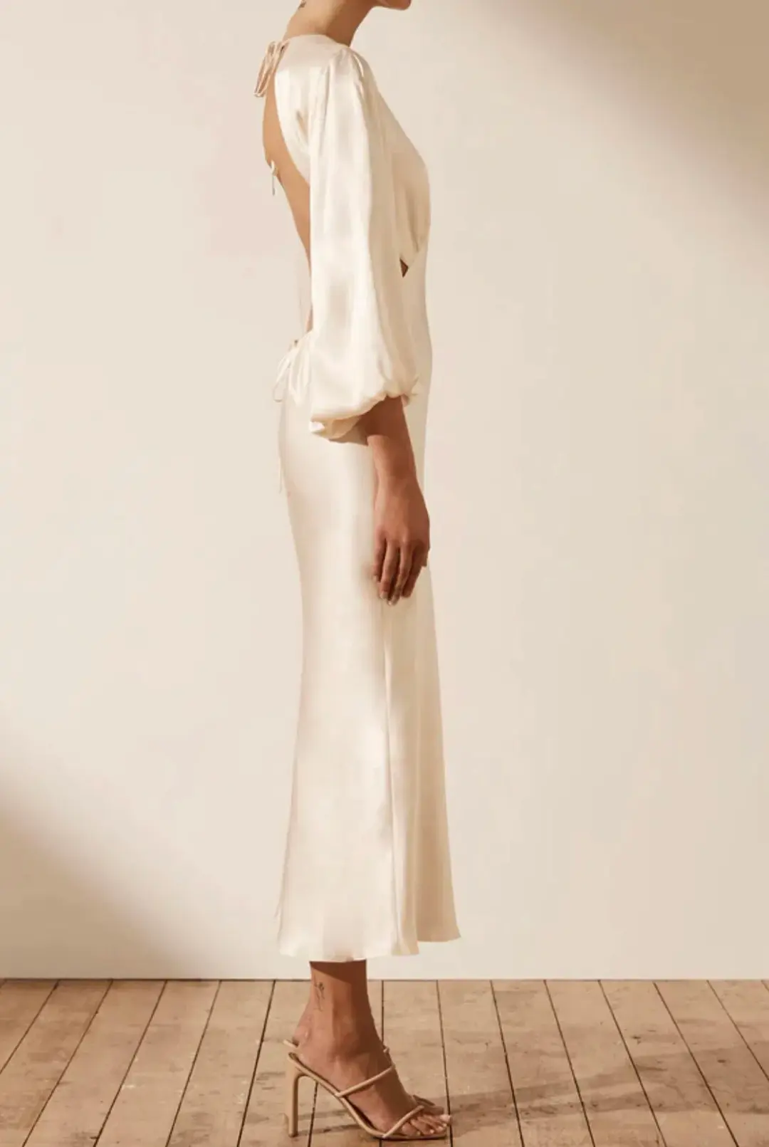 Shona Joy La Lune Open Back Balloon Sleeve Midi Dress in Cream Size 6  for rent on The Volte - main image