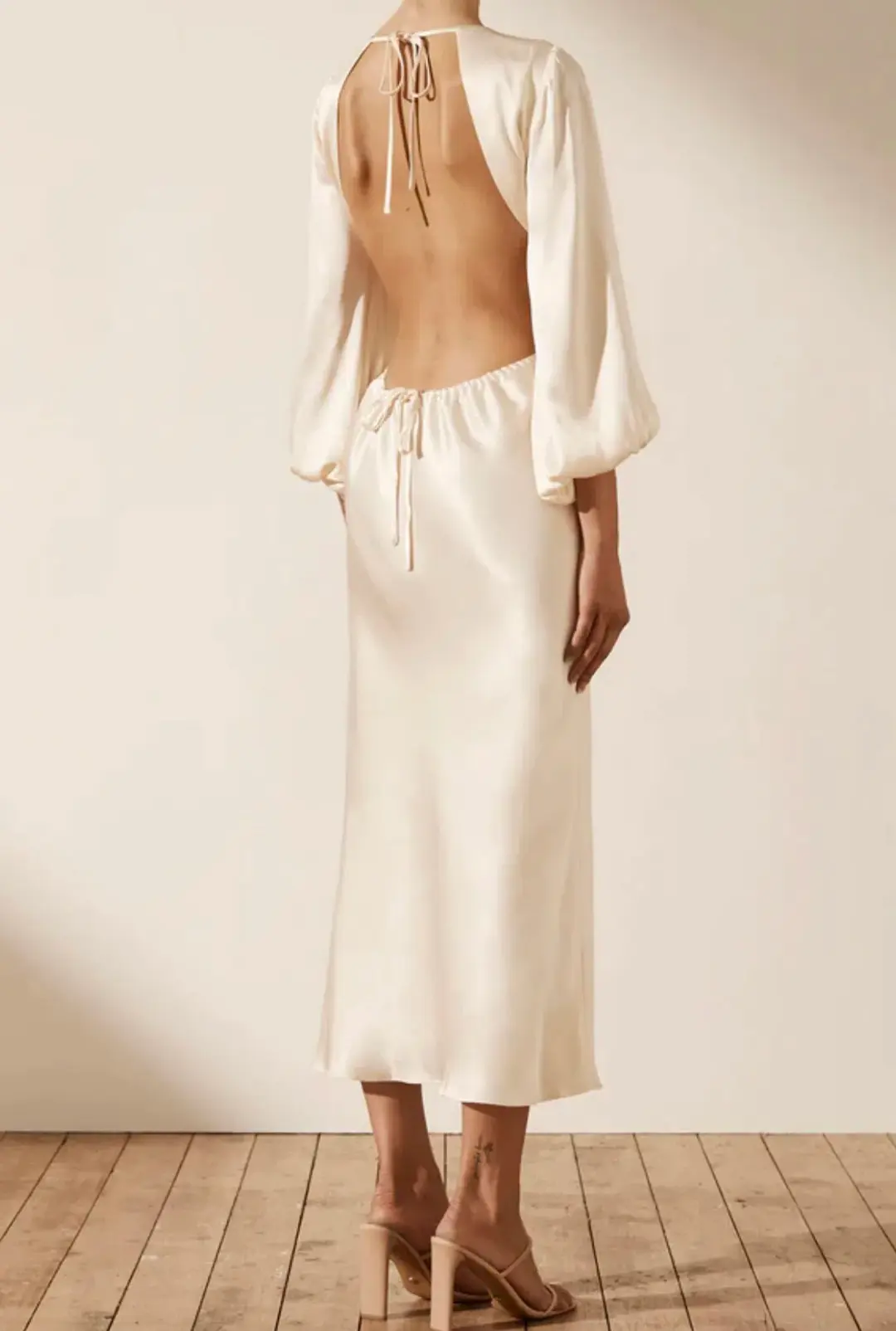 Shona Joy La Lune Open Back Balloon Sleeve Midi Dress in Cream Size 6  for rent on The Volte - main image