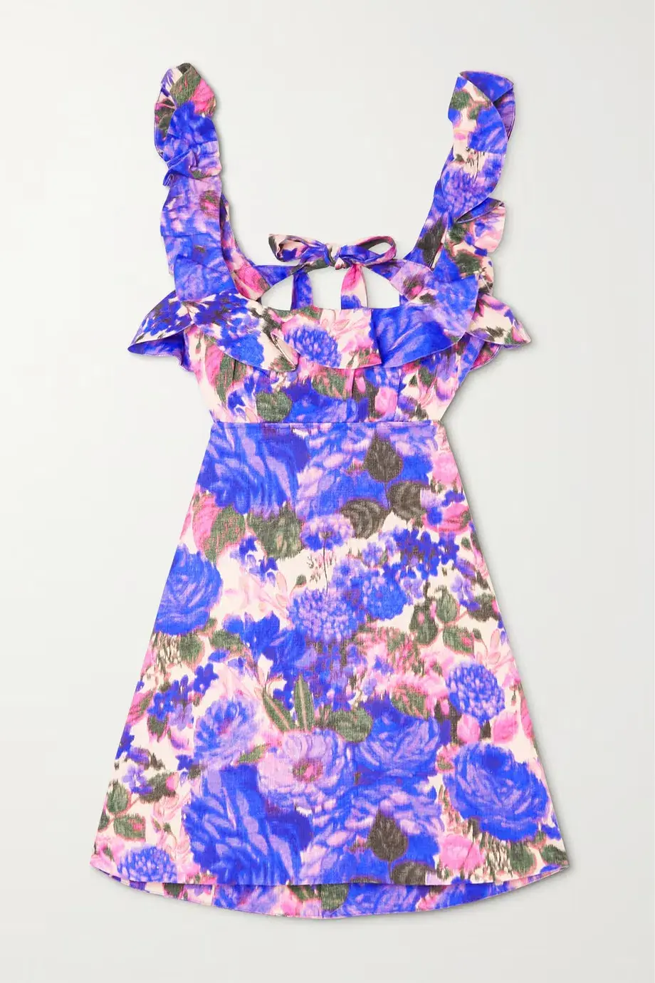 Zimmermann High Tide Frilled Mini Dress in Purple Ikat Floral Size AU 6 for rent on The Volte - main image