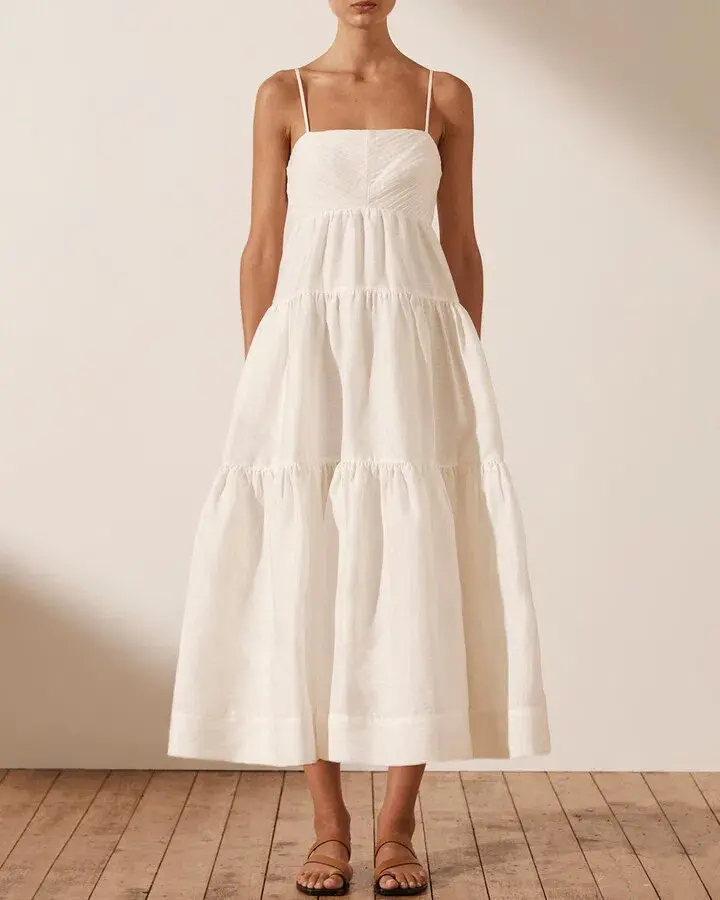 Shona Joy Maya Linen Pin Tuck Open Back Tiered Midi Dress White Size AU 8 - Image 1