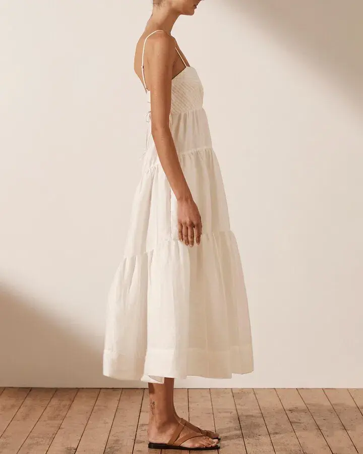 Shona Joy Maya Linen Pin Tuck Open Back Tiered Midi Dress White Size AU 8 for rent on The Volte - main image