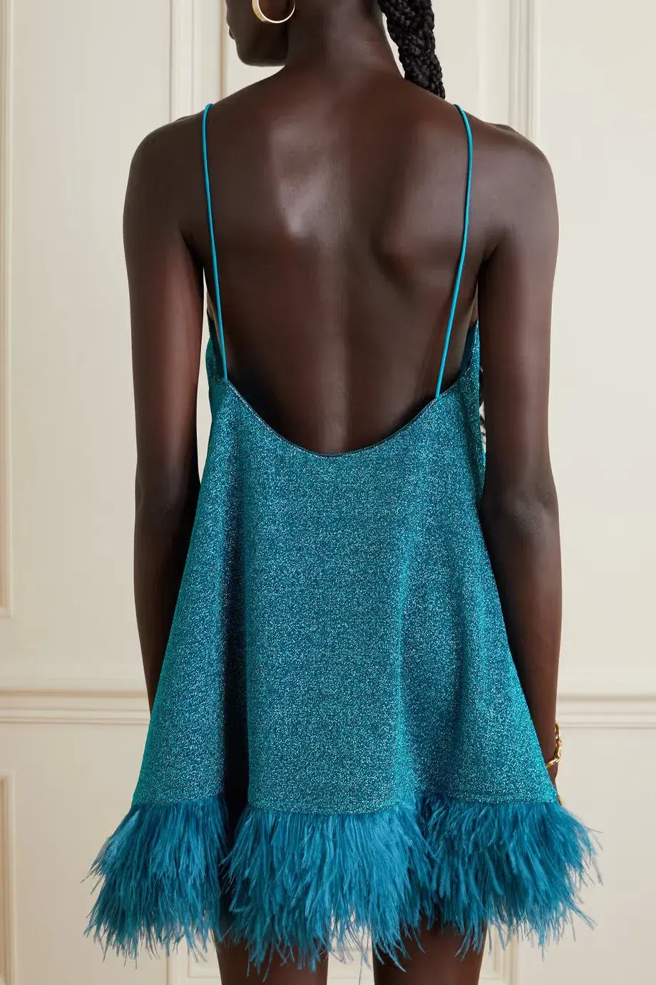 Oséree Lumière Feather-trimmed Stretch-lurex Mini Dress Blue Size 8  - Image 5