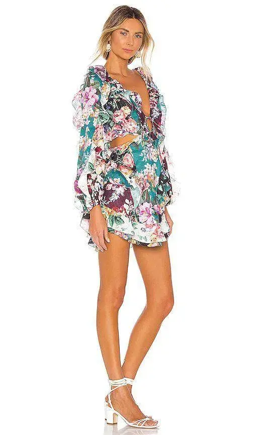Zimmermann Allia Spliced Short Dress Green Floral Size 0 / AU 8 - Image 2