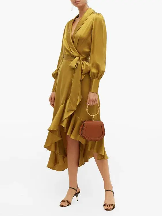 Zimmermann Espionage Wrap Midi Dress Gold Size 2 / AU 12 for rent on The Volte - main image