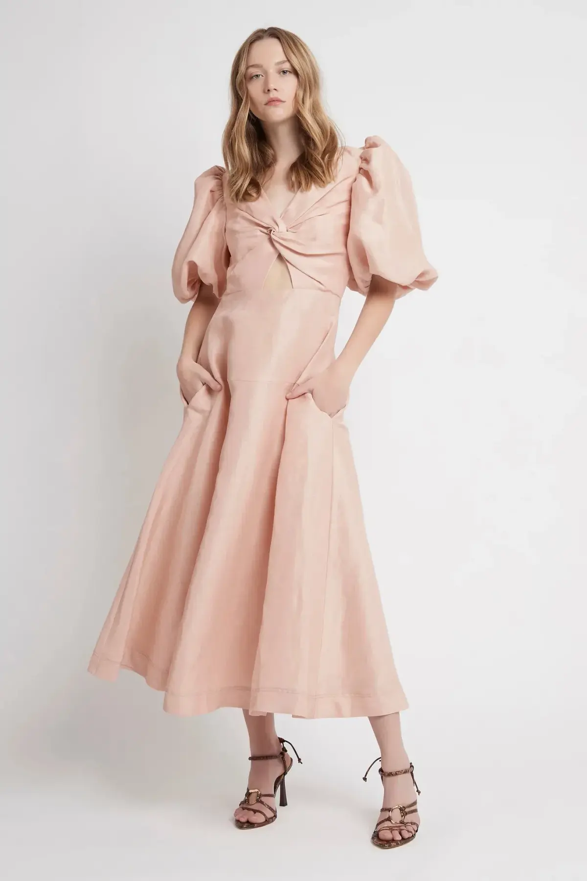 Aje Dusk Knot Puff Sleeve Midi Dress Pink Size AU 8 - Image 1