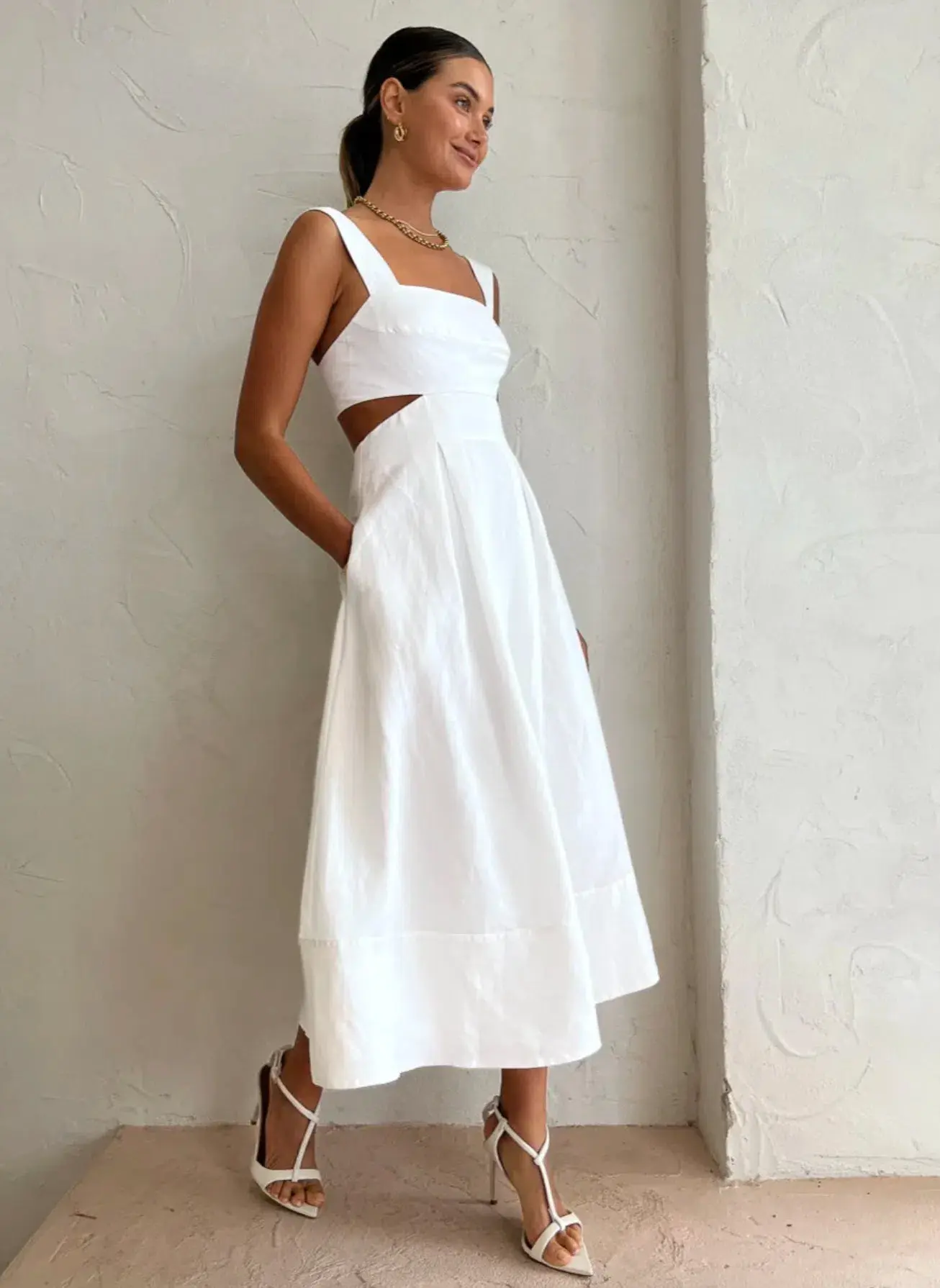 Shona Joy Morgan Linen Cut Out Midi Dress in Ivory Size 10 / M - Image 5