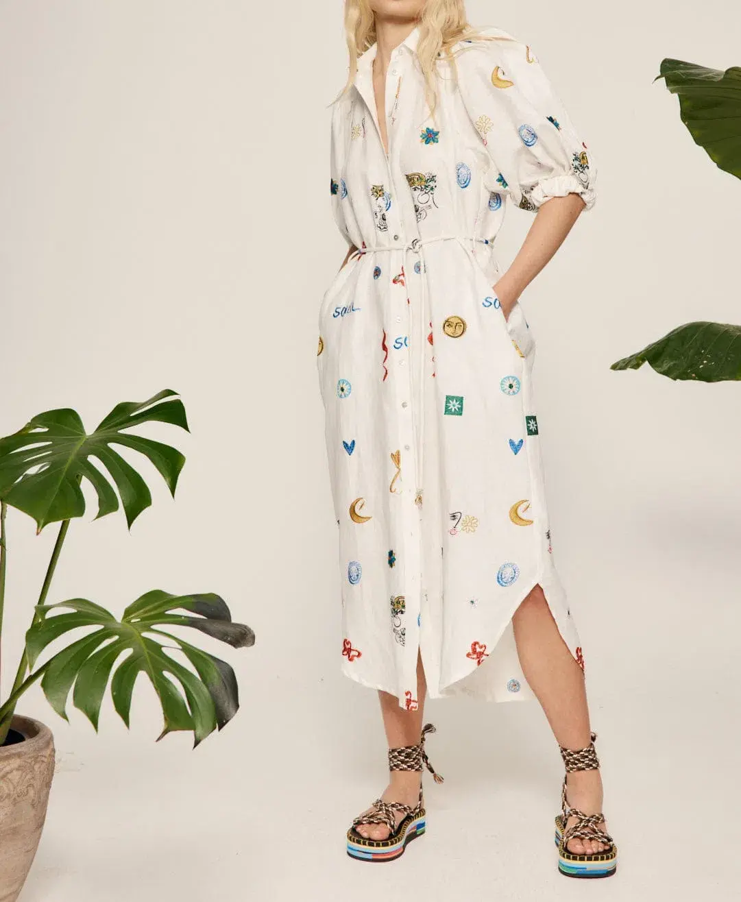 Alemais Soleil Embroidered Linen Shirtdress Print Size 12 - Image 7