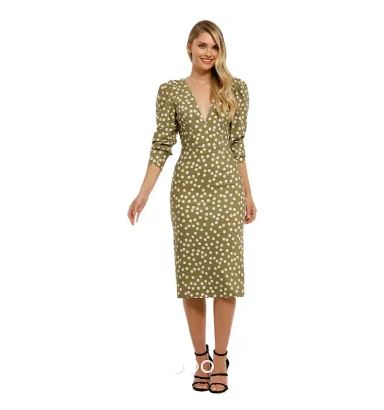 By Johnny Peach Polka V Plunge Midi Dress Print Size 6 - Image 2