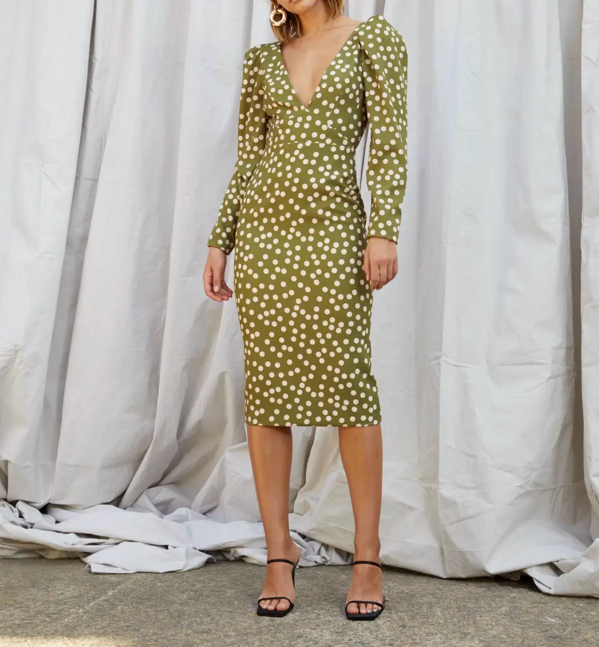 By Johnny Peach Polka V Plunge Midi Dress Print Size 6 - Image 1