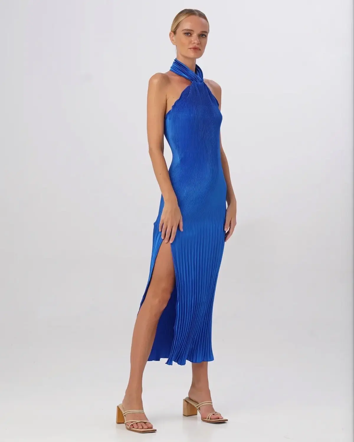 Lidee Soiree Pleated Halter Gown Moroccan Blue Size 8 - Image 1