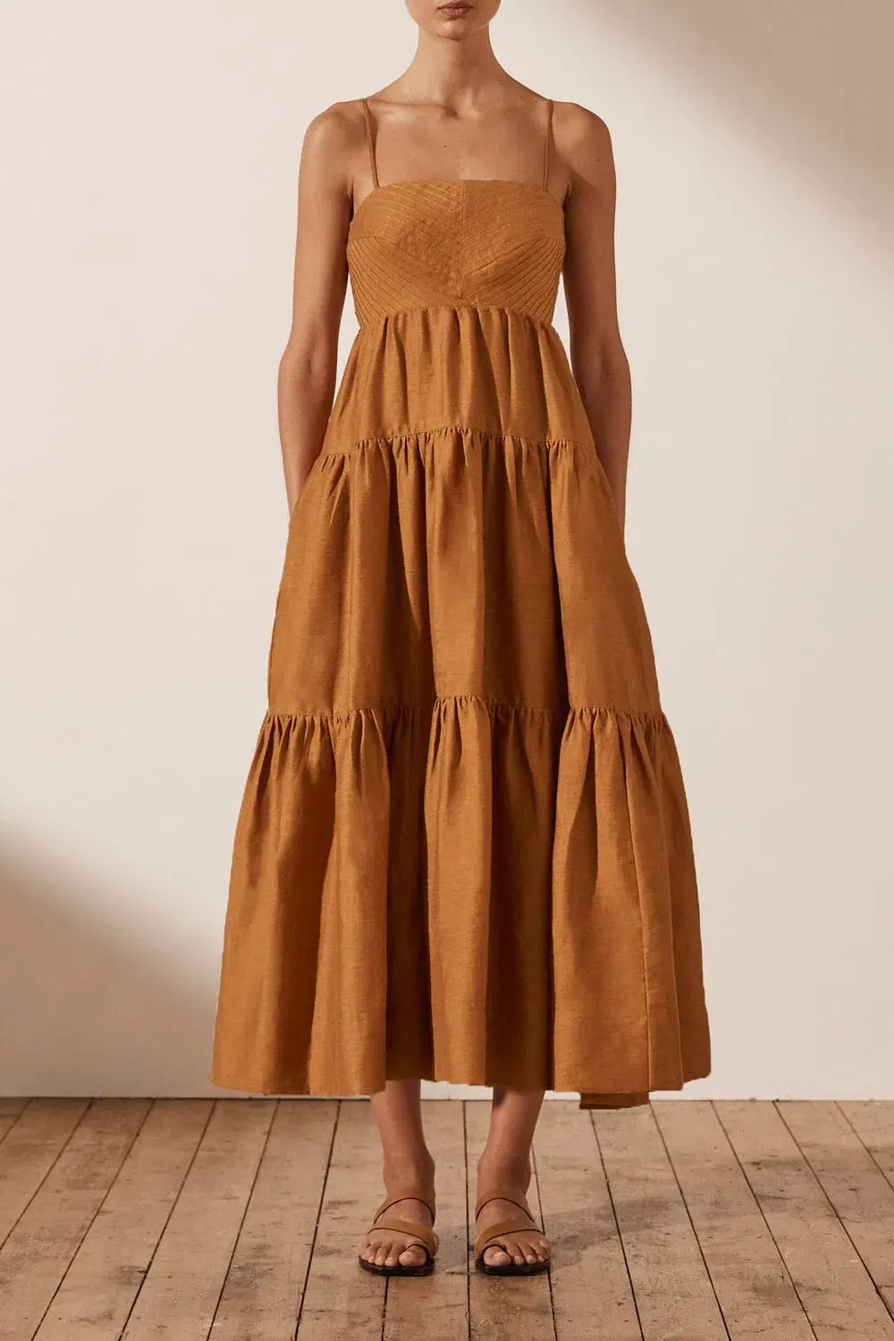 Shona Joy Maya Linen Pin Tuck Open Back Tiered Midi Dress Turmeric Size 14 - Image 1
