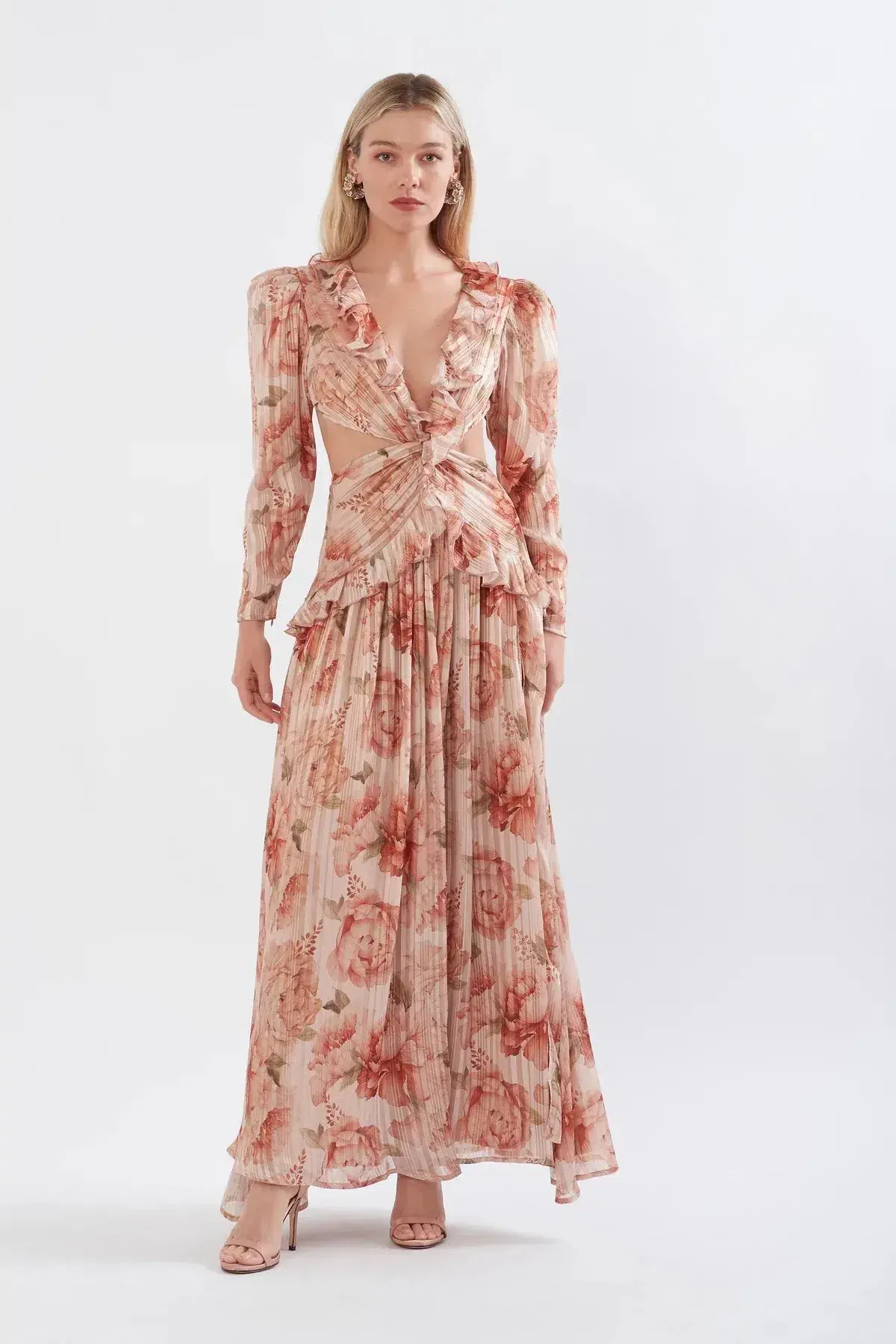 Sonya Moda Ruffle Cut Out Maxi Dress in Spiced Peonies Print Size 6 - Image 1
