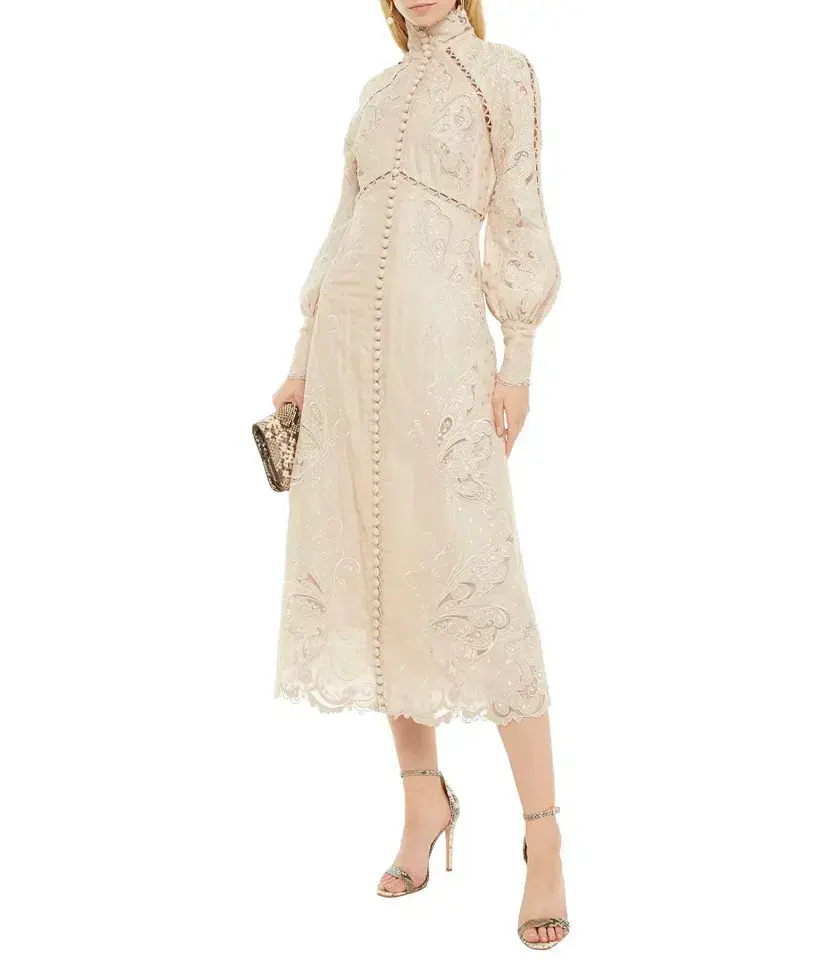 Zimmermann Bone Super Eight Embroidered Midi Dress Beige Size 1 / AU 10 - Image 1