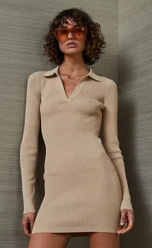 Bec & Bridge Latte Harper Knit Mini Dress Beige Size 6 / AU 10  for rent on The Volte - main image