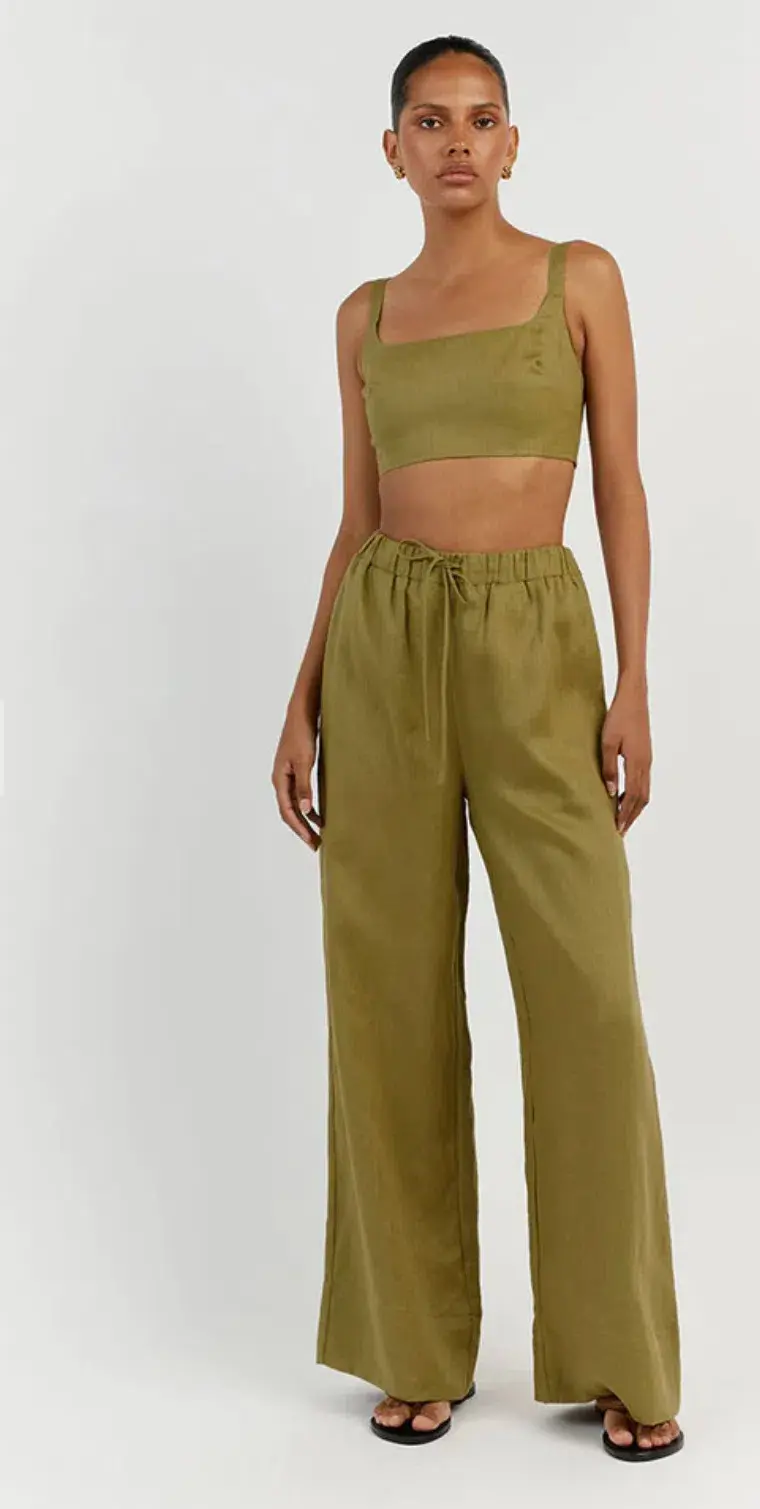 Dissh Penny Linen Crop Top Size 10 and Gina Linen Elastic Waist Pant Size 6 Set Olive - Image 2