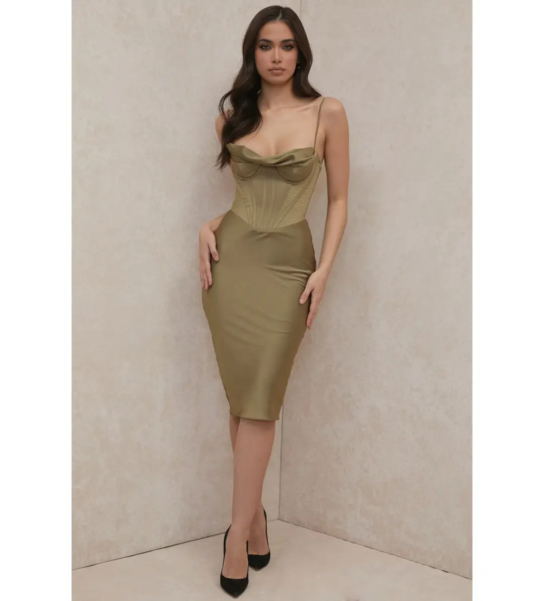 House of CB Myrna Corset Slip Midi Dress in Olive Size 6 for rent on The Volte - main image