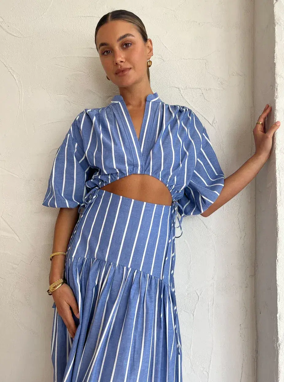 Shona Joy Kimberly Deconstructed Midi Dress In Chambray Blue Size AU 8 - Image 3