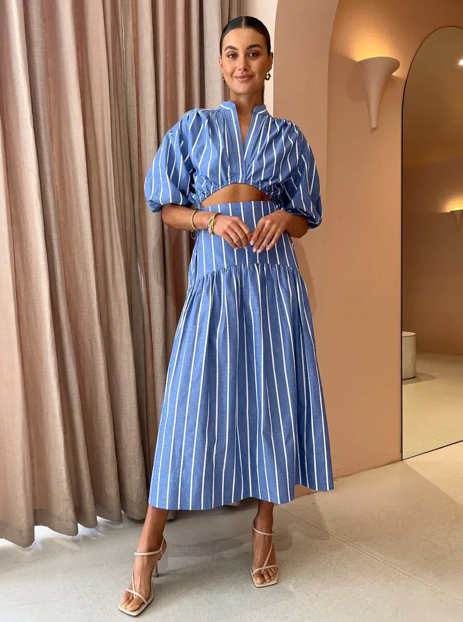 Shona Joy Kimberly Deconstructed Midi Dress In Chambray Blue Size AU 8 - Image 1