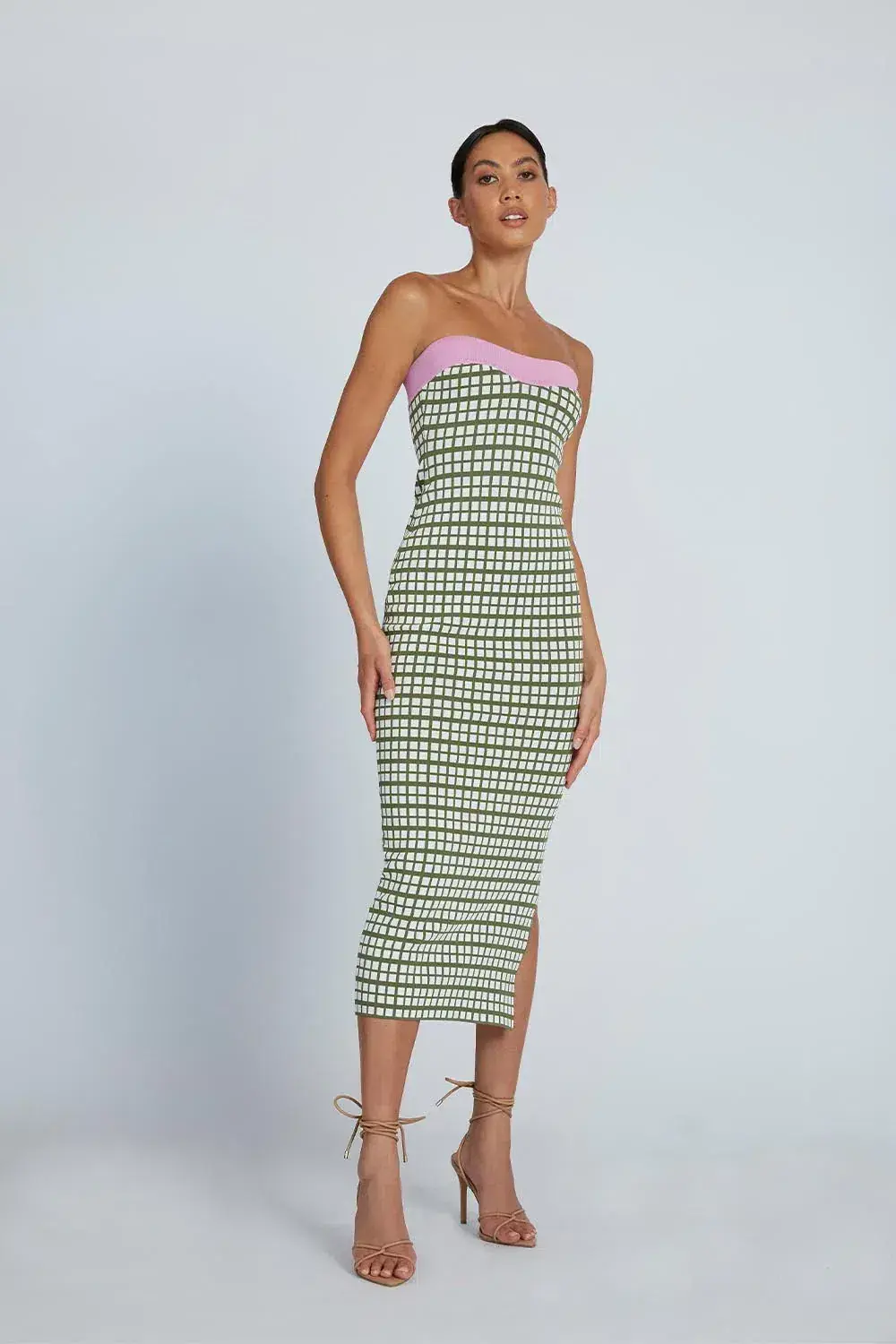 By Johnny Isabella Check Strapless Knit Midi Dress Army Pink Size 12 / L - Image 2