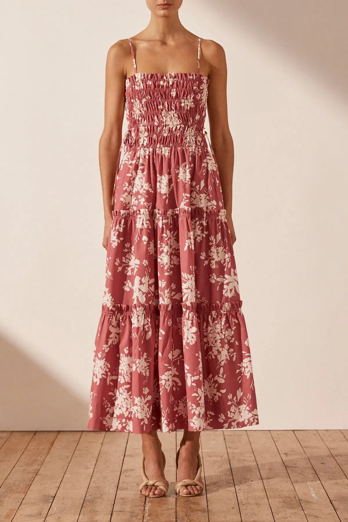 Shona Joy Cali Shirred Tiered Midi Dress Strawberry Size 14 / XL - Image 1