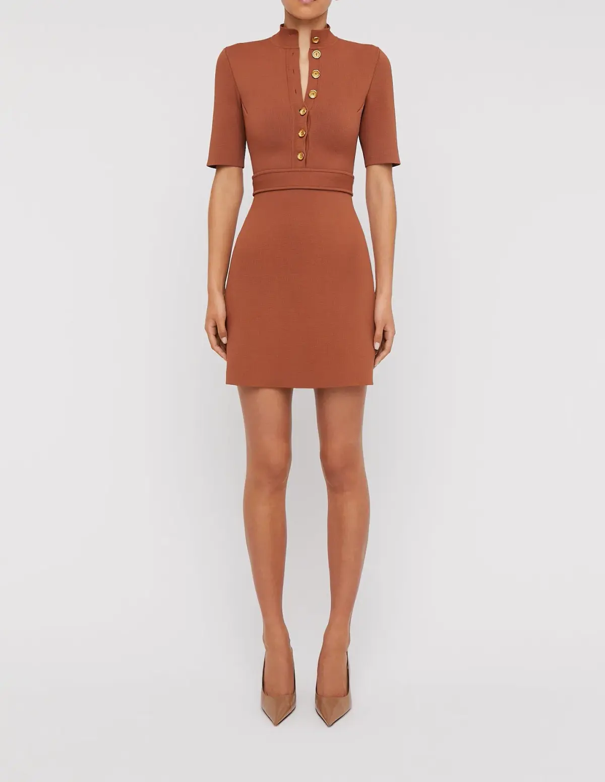 Scanlan Theodore Crepe Knit Mini Button Dress Hazel Brown Size 8 / S - Image 1