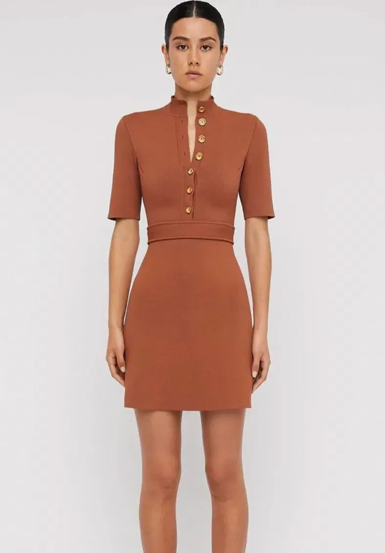 Scanlan Theodore Crepe Knit Mini Button Dress Hazel Brown Size 8 / S - Image 4