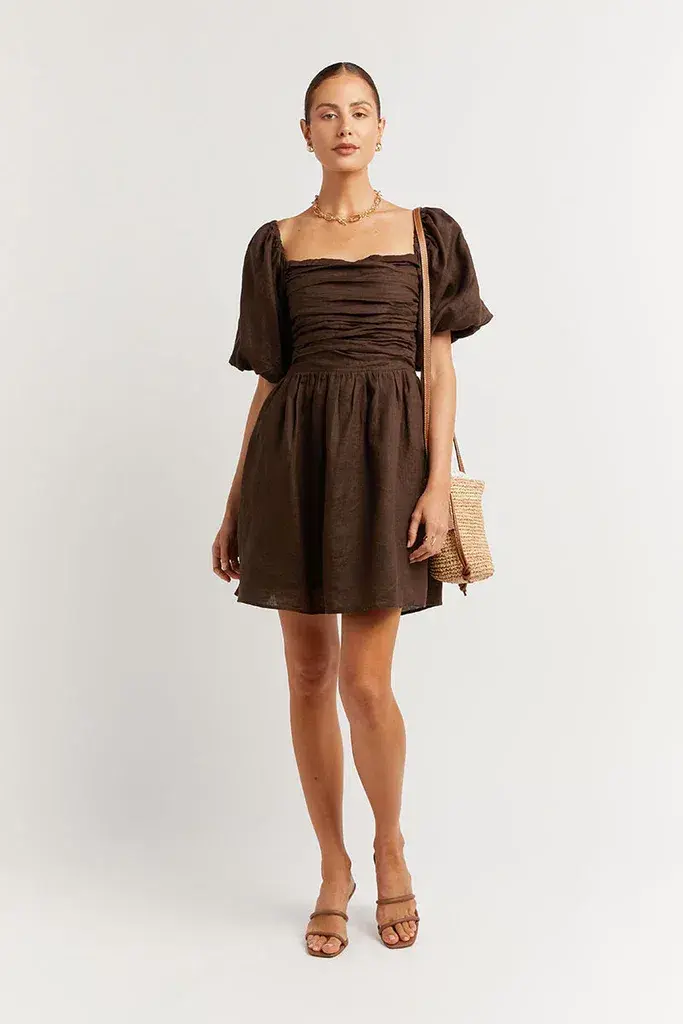 Dissh Sara Linen Mini Dress Dark Chocolate Size 16  - Image 1