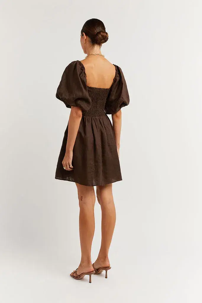 Dissh Sara Linen Mini Dress Dark Chocolate Size 16  for rent on The Volte - main image